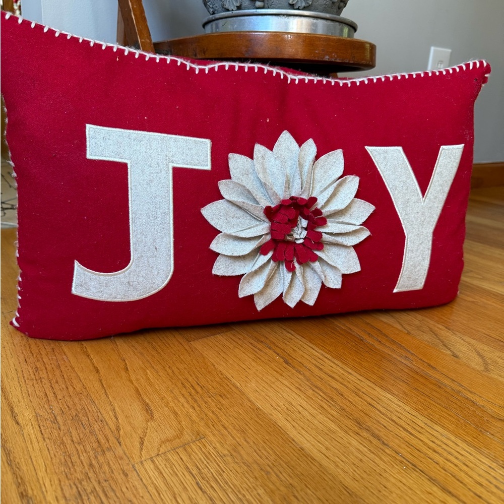 Holiday Red 'Joy' Pillow with Floral Accent